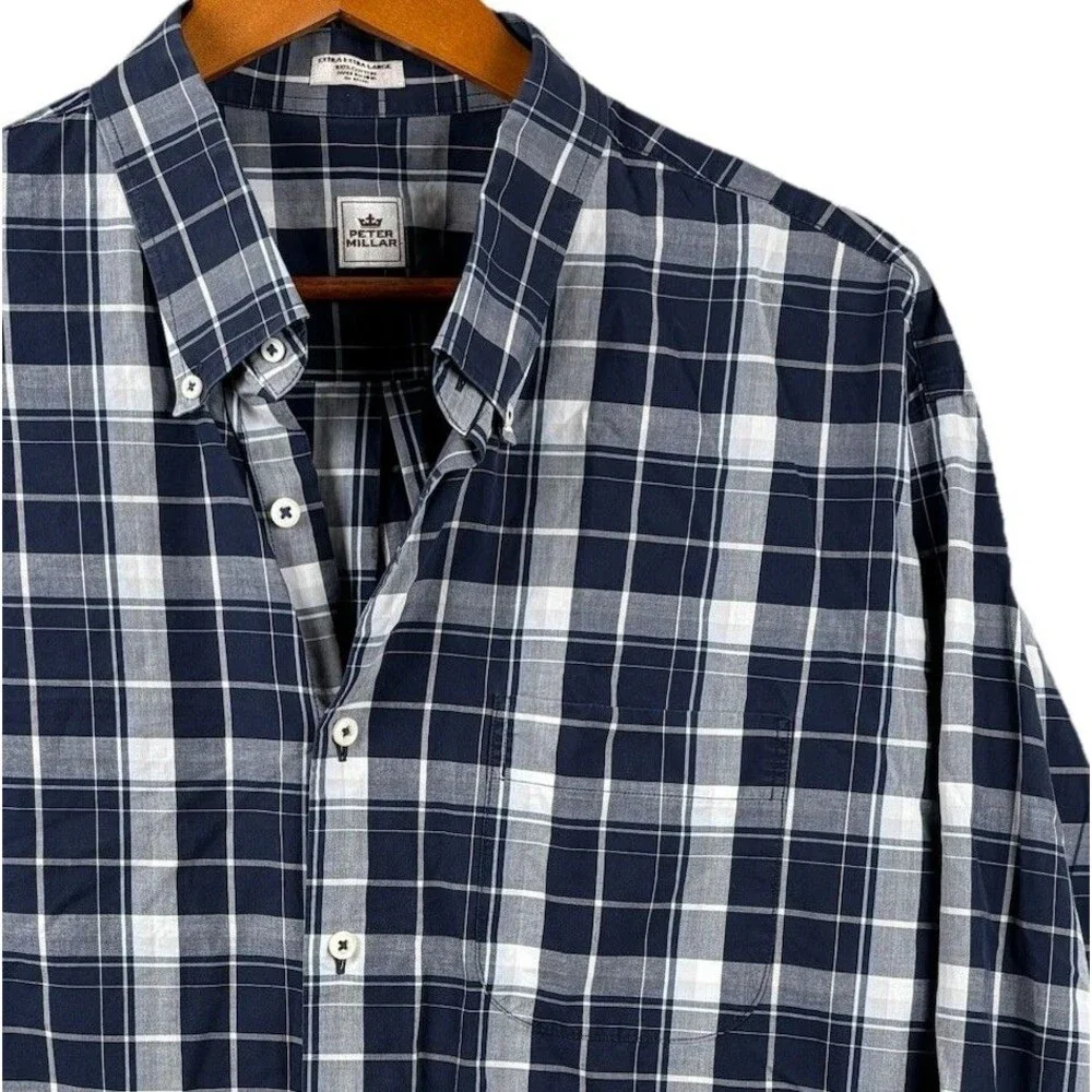 Peter Millar Men XXL Blue Plaid Shirt Cotton Button Down Shirt Long Sleeve